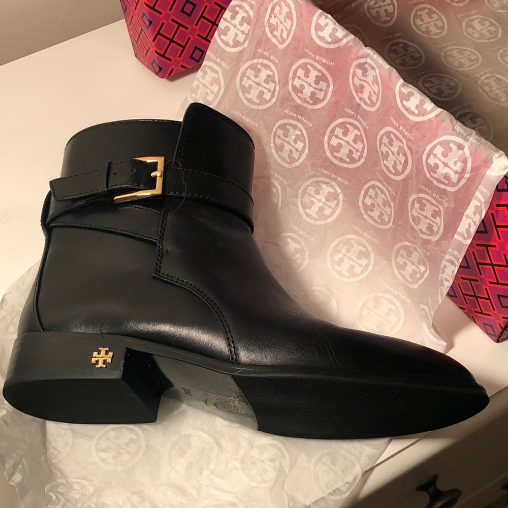 Tory Burch Black Ankle Booties with Gold Buckle